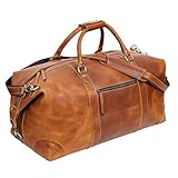 24 Inch Genuine Buffalo Leather Travel Duffle Bag, Overnight Weekend Leather Bag Sports Gym Duffel for Men, Airplane Under Seat Carry on Bags (Tan)