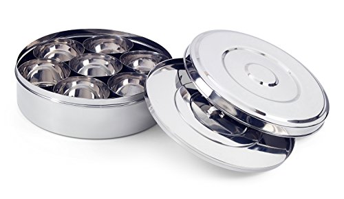 7116 Spice Box/Masala Dabba with 7 Comparments and 2 Stainless Steel Lid, 22 cm, Silver