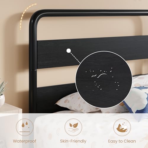 Image of SHA CERLIN Twin Size Metal Bed Frame with Wooden Headboard, Black