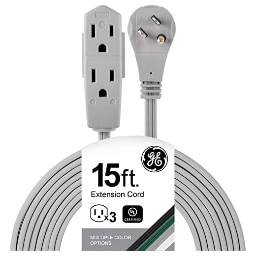 GE home electrical Indoor Extension Cord, 15 Ft Power Cable, 3 Grounded Outlets, 3-Prong, Low-Profile Flat Plug, 16 Gauge, UL Listed, Gray, 43026, 1 Pack