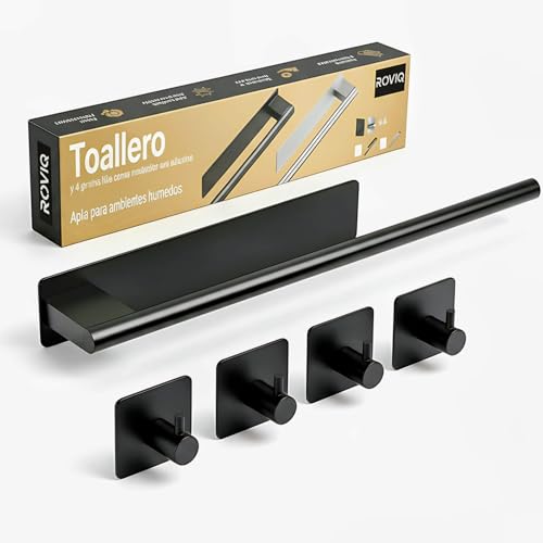 ROVIQ Toallero Adhesivo sin Taladro para baño – 1 toallero + 4 Ganchos – Acero Inoxidable 304, Adhesivo 3M VHB, instalación Limpia en Pared – diseño Moderno, Color Negro Mate