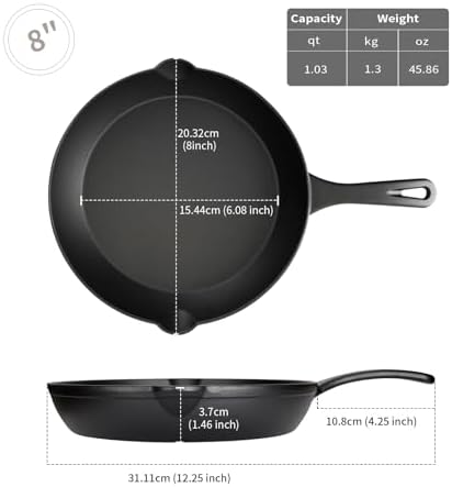 8 Inch Cast Iron Skillet – Pre-Seasoned Frying Pan, Durable Nonstick Cookware for Christmas Holiday Meals, Oven Safe Pan for Kitchen & Camping - Thumbnail 3