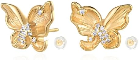 Butterfly Stud Earrings for Women 14K Gold Plated S925 Sterling Silver Post Cubic Zirconia Butterfly Earrings Lightweight Jewelry Gifts