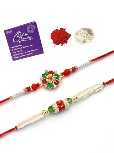 Image of Sukkhi Rakhi Trendy Floral Design Gold Plated AD Stones & Pearls Combo Rakhi for Brother with Roli Chawal & Greeting Card| Set of 2