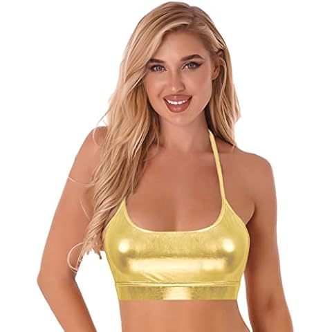 Manyakai Women's Sports Bras Shiny Metallic Crop Top Y-Back Workout Running Yoga Bra Vest Sportswear Gold S Cover
