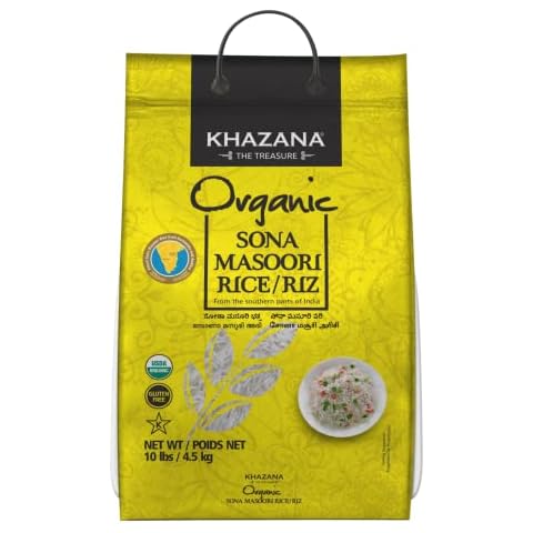 Organic Sona Masoori Rice by Khazana in 10 lb Bag - Aromatic and Flavorful Indian Grain - Non-GMO, Gluten Free, Kosher, Cholesterol Free Cover