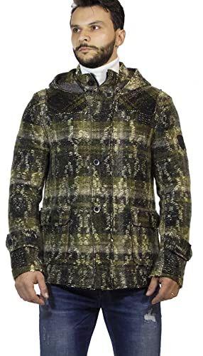 lana Cappotto uomo Gaudì verde con cappuccio in lana cotta motivo a tweed taglia eu/it L