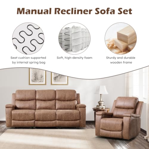 Image of CANMOV Faux Leather Manual Recliner Sofa Set, Manual Reclining Sofa and Recliner Chair with Concealed Cup Holders for Living Room,Bedroom Furniture,Nut Brown