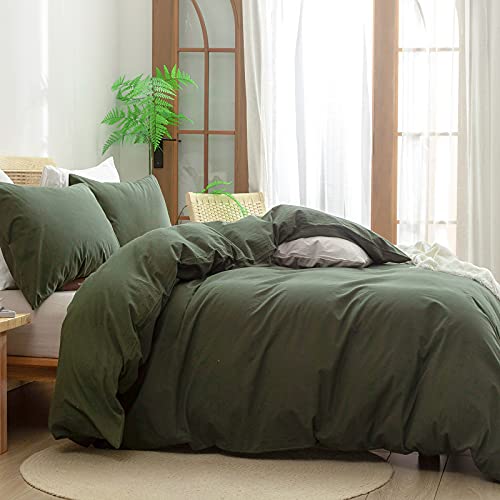 BESTOUCH Duvet Cover Set 100% Washed Cotton Linen Feel Super Soft Comfortable Chic Lightweight 3 PCs Home Bedding Set Olive Green Queen - Thumbnail 3