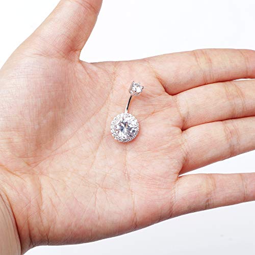 Sllaiss Cz Halo Belly Button Rings For Women 925 Sterling Silver 14G Belly Rings Round Cubic Zirconia Body Jewelry Curved Barbells Navel Rings 3/8" 10Mm #TOP6