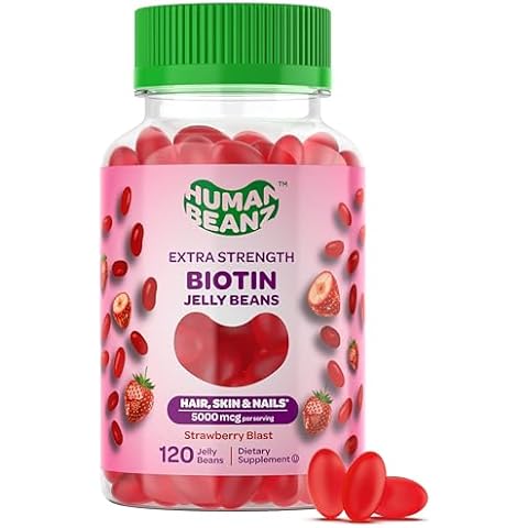Human Beanz Biotin Jelly Bean Gummy Vitamins, Extra Strength Biotin for Hair, Skin and Nails, 5000mcg per Serving, Hair Growth Vitamins for Men and Women, 120 Strawberry Blast Jelly Beans, Kosher Cover