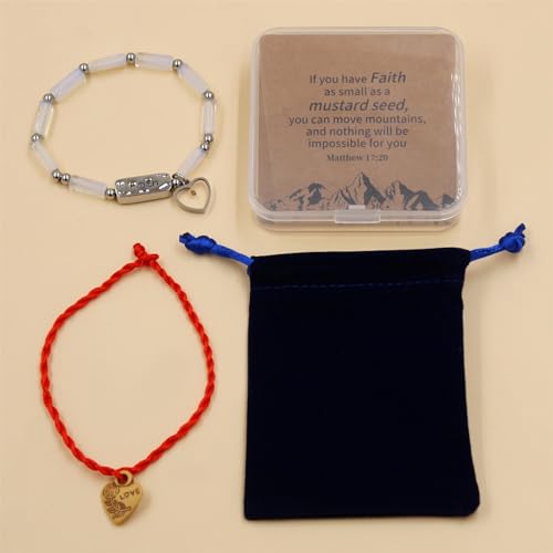 Image of Elastic Faith Bracelet for Women, Adjustable 7 inch Natural Stone Bracelet with Heart Mustard Seed Charm, Spiritual Christian Jewelry for Baptism, Graduation, Religious Celebration YA4856