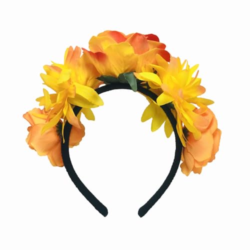 Diadema naranja con corona de flores mexicanas para el pelo, diadema para Halloween, cosplay, accesorio de disfraz de novia