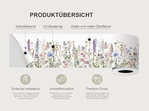 AG Design Selbstklebende Bordüre Wildblumen, AWB 8484 | Wasserfest Dekoration für Wände, Möbel, Tapeten, Wandverkleidungen und Türen, Folie | Breite 500 cm x Höhe 13.8 cm