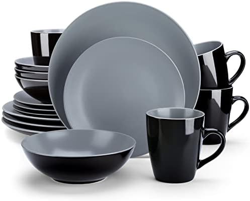 vancasso Lento Matte Dinnerware Set - 16 Pieces Dinner Set Black & Dark Grey Stoneware Crockery with 10.7 inch Dinner Plate 8 inch Dessert Plate 7 inch Bowl and 14 oz Mug, Service for 4