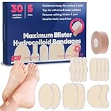 30 CT Hydrocolloid Blister Bandages for Feet + 5 Yards Tape Bandage - Blister Bandaids for Runners, Heels & Active Movement - Water Resistant Blister Prevention Tape for Fingers, Toes, Forefoot