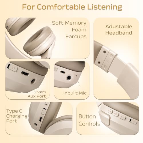 Image of PunnkFunnk BeatXtra Pro Wireless Bluetooth Headphones V5.3, Over-Ear Stereo Headset with 40mm Drivers, Noise Cancelling, Soft Cushioned Ear Cups, 10m Wireless Range, Teen & Adults (Beige)