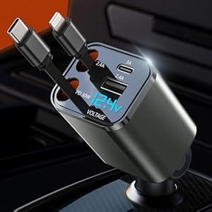 htrahy【小型･LED電圧表示】車 充電器 巻き取り式 カーチャージャー 急速充電 Type-C/USB-C/ライトニング/U..." 