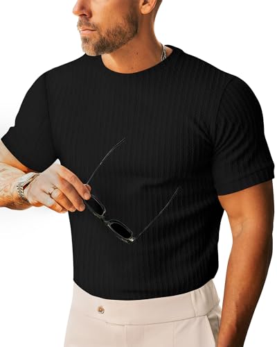 Beotyshow Men's Ribbed Knit T Shirts Short Sleeve...