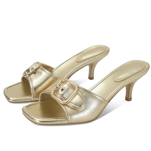 Image of Dsevht Black Kitten Heel Sandals Stiletto Low Heels Slip On Slides Mule Sandal Square Open Toe Dress Shoes for Women