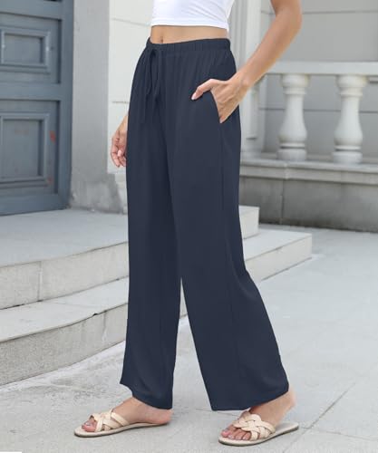Women High Waist Casual Pants Elastic Wide Leg Summer Beach Palazzo Trousers with Pockets Lightweight Comfy(Navy Blue, Medium)3