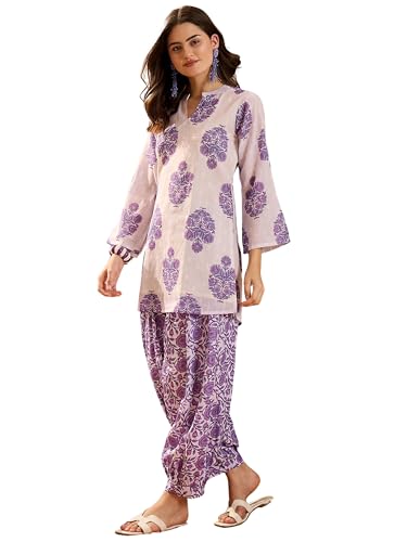 Image of EthnicJunction Women's Linen Floral Print Summer Wear Straight Short Kurti With farshi Salwar Set | Kurta Pant Set | Office wear Kurta Set | farsi salwar suit | raksha bandhan gift dress for women