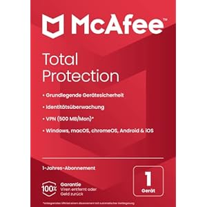McAfee Total Protection 2023 | 1 Gerät | Virenschutz- und Internet-Sicherheitssoftware | VPN, Kennwort-Manager und Dark Web-Überwachung | PC/Mac/Android/iOS | 1-Jahres-Abonnement | Zustellung per Post