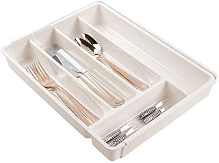 mDesign Adjustable Cutlery Tray  Expandable Kitchen Organiser Tray for Drawers and Surfaces  Drawer Organiser with Multiple Compartments  Cream