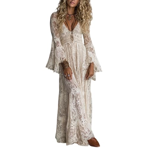 Vintage Bohemian Lace Dress Sleeveless Sexy See Through V Neck