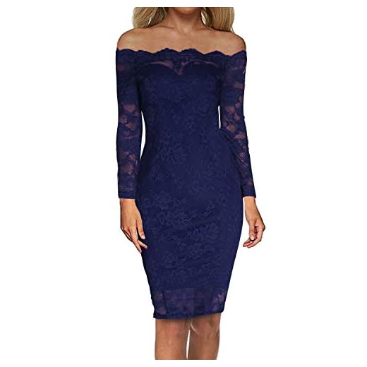 Auxo Mujer Vestido Corto Elegante Vestidos Encaje Florales Retro con Manga Larga Cuello Halter de Fiesta Cóctel Otoño Invierno 02-Azul Oscuro XXL
