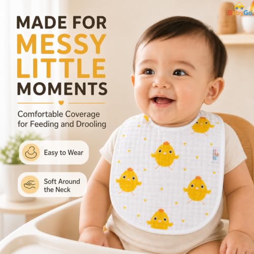 Image of BabyGo Muslin Cotton Baby Bibs | Pure Cotton 8-Layer Super Absorbent Cartoon Print Feeding & Drool Bibs | Ultra-Soft, Washable & Reusable Bibs for Infants, Toddlers & Newborns | Pack of 2 (Multicolor)