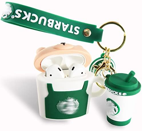 KNYPT Airpods 1&2 Case, 3D Cute Funny Cool Kawaii Fashion Bear Coffee Cup Airpods Case, Soft Silicone Cover Shock Absorbing Case, Airpods 1&2Charging Case with Keychain