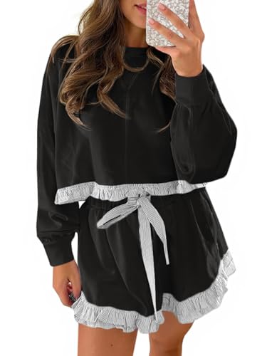 Fisoew Women's 2 Piece Lounge Sets Color Block Ruffle Cropped Sweatshirts Loose Drawstring Waist Shorts Sweatsuits