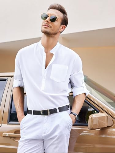 Mens Cotton Linen Henley Button Down Shirts Casual Long Sleeve Summer Beach Shirt Hawaii T-Shirt2