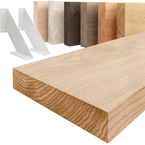 LAMO Manufaktur Estantería de Pared con Soportes Blancos en Forma de V | Estantería 100 cm Madera para salón, Cocina, Estudio Estilo Industrial | Color: Natural, Borde: Recto | Madera Maciza