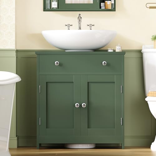 Image of TEENFON Pedestal Sink Storage Cabinet with 2 Doors and Drawer, Bathroom Sink Cabinet, Under Sink Cabinet with U-Shape Cut-Out, Green