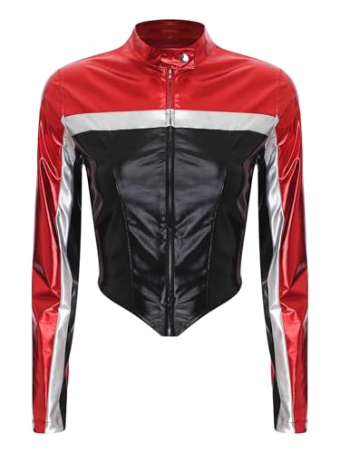 Linjinx Damen Rennfahrer Kostüm Jacke Lederjacke Slim Fit Collegejacke Motorradjacke Bike Jacke Reißverschluss Bomberjacke Racing Jacke Oberbekleidung Rot M