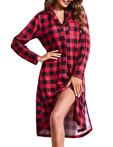 Finrjo Women's Cotton Nightgown Long Sleeve Plaid Nightshirt Button Down Loungewear Sleepshirt L #TOP1