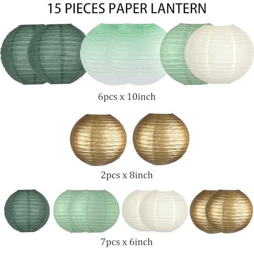 Image of 15-Pack Sage Green Gold Paper Lanterns, Hanging Classroom Decor | 6,8,10 Inch Hanging Lanterns for Weddings, Bridal Showers, Graduations, Anniversaries & Baby Showers