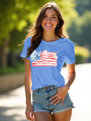 Women American Flag Patriotic T-Shirts Cute USA Bow Flag Shirts Happy 4th of July Tee Tops3