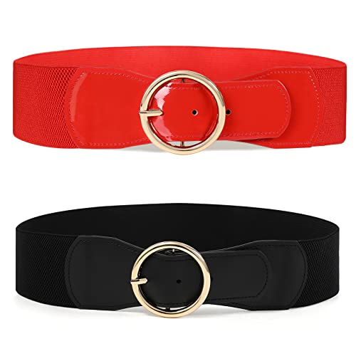 Ceinture élastique pour femmes - 2 pièces larges ceintures rétro Ceinture extensible à la mode avec boucle en métal pour robe Cover