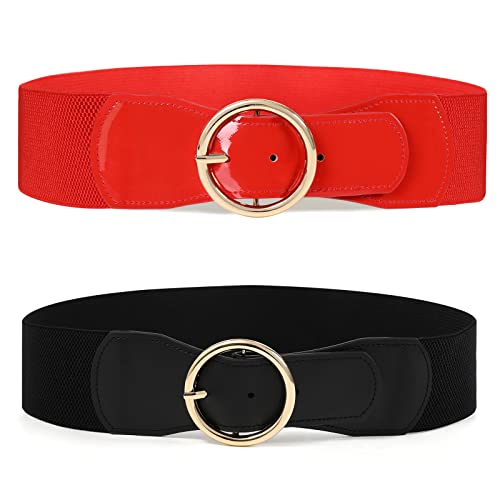 Ceinture élastique pour femmes - 2 pièces larges ceintures rétro Ceinture extensible à la mode avec boucle en métal pour robe