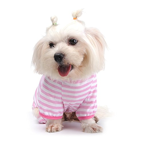 Pet Dog Pajamas Soft Cotton Shirt Jumpsuit Cute Overall Doggy Cat Strip Clothes Comfortable Apparel for Play Sleep Medium