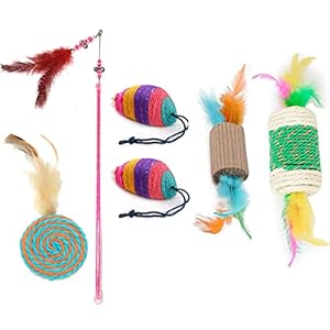 Cature Cat Combo Toy Kittens Interactive Toys Feather Toy Cat Stick with Bell Toy Sisal Mouse Rope Toy Feather Rolling Toy for Cat and Kitten Having Fun Exercise (Pack of 6)