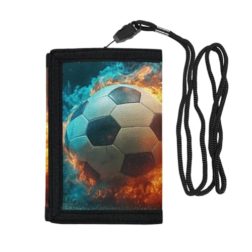 Fire Soccer Lanyard Trifold Wallet for Boys Ages 8-12 Outdoor Travel Purse with Picture Inserts Portable Three Fold Wallets Lightweight Money Bag2
