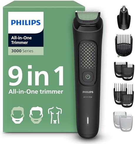Philips Multigroom 3000er-Serie All-in-One 9-teiliger Trimmer: Rasierer und Haarschneider für Gesicht, Kopf und Körper, selbstschärfende hautfreundliche Klingen, zwölf Längeneinste