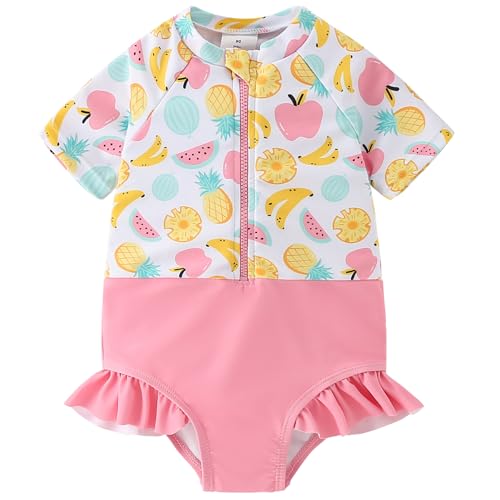 Image of AMIYAN Toddler Girls One-Piece Swimwear Short Sleeve Ruffle Swimsuit Zipper Rash Guard Bathing Suit for Little Girls 1-5Y