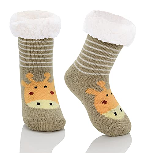 Zando Kids Fuzzy Winter Slipper Socks - Fleece Christmas Thermal Anti-Skid Socks for Boys and Girls - Thick Fluffy Warm Grip Animal Socks - Coffee Giraffe 3-5 Years