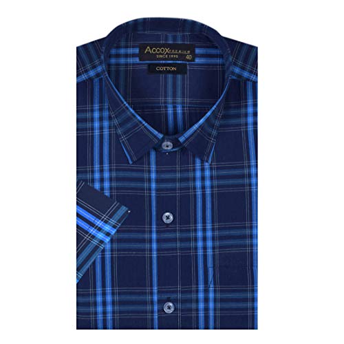 Image of ACCOX Men's Formal Half Sleeves Regular Fit Cotton Navy Blue Sky Blue Check Shirt(Multi,GC158 01)