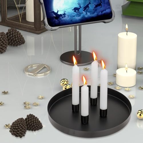 Aoreun Magnet Kerzentablett für Advent Ø23cm mit 4 Magnetischen Metall Kerzenständer für Kerzen Ø2cm, Schwarz Weihnachten Stabkerzenhalter, Rund Metall Kerzen Tablett für Advent & Alltagsdekoration